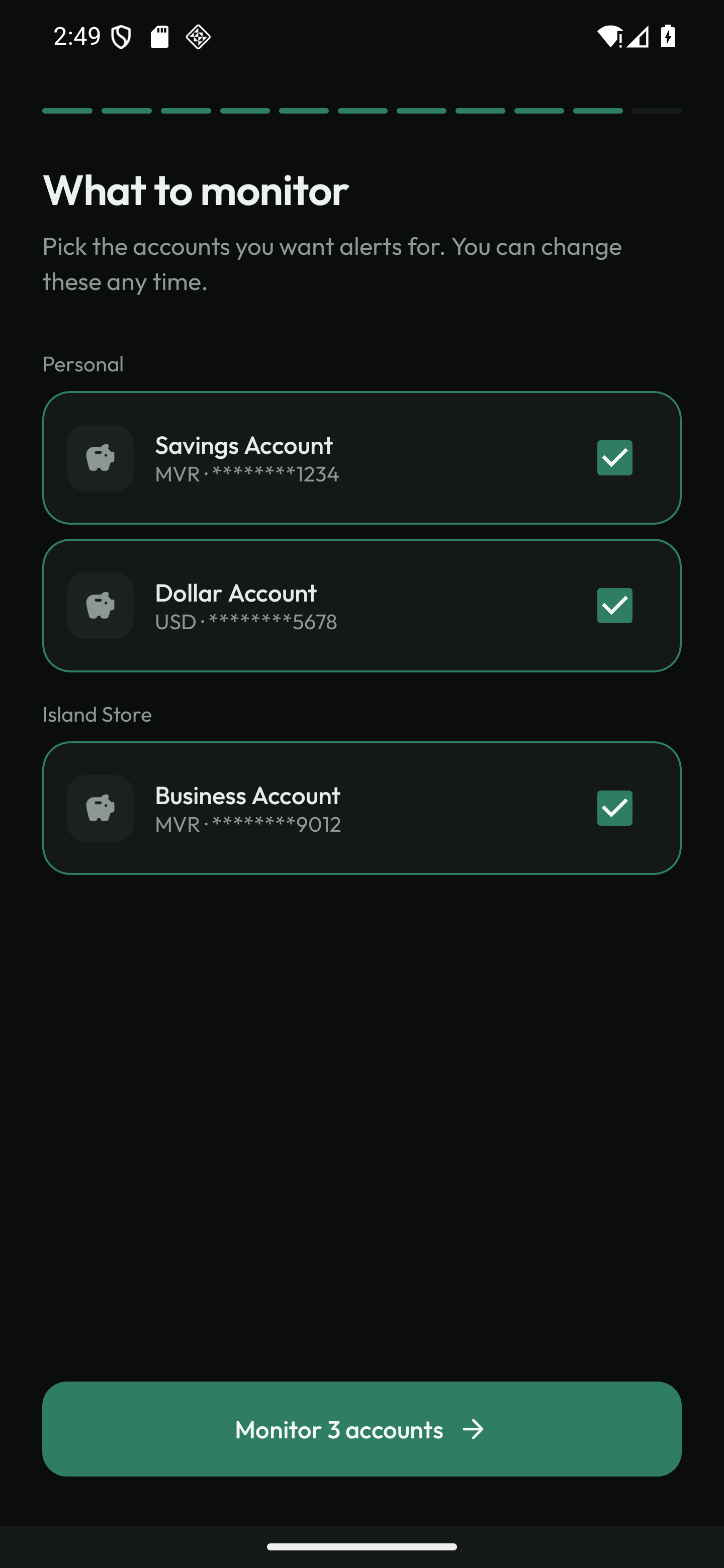 Haradhu account selection screen with sample accounts grouped under Personal and Island Store profiles
