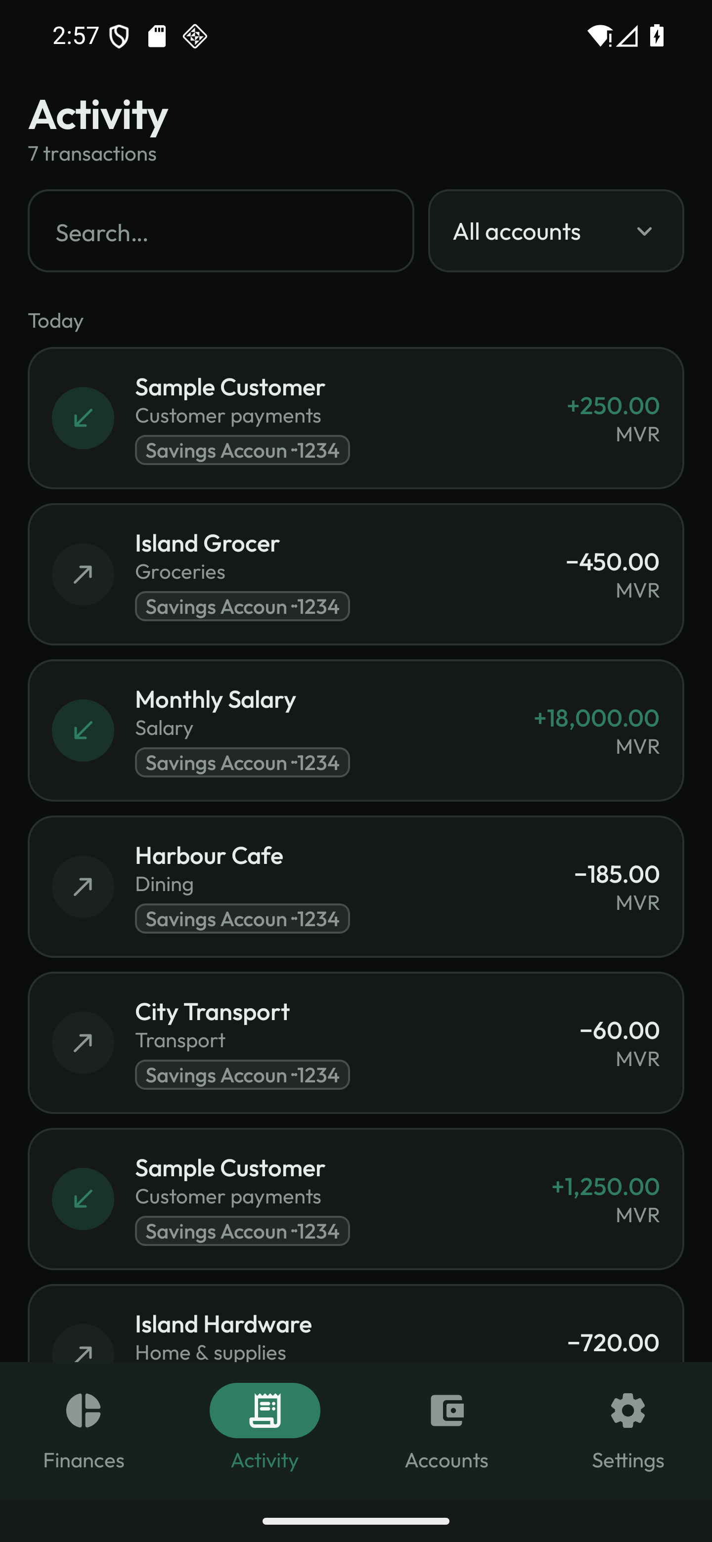 Haradhu activity screen with categorised sample incoming payments and spending