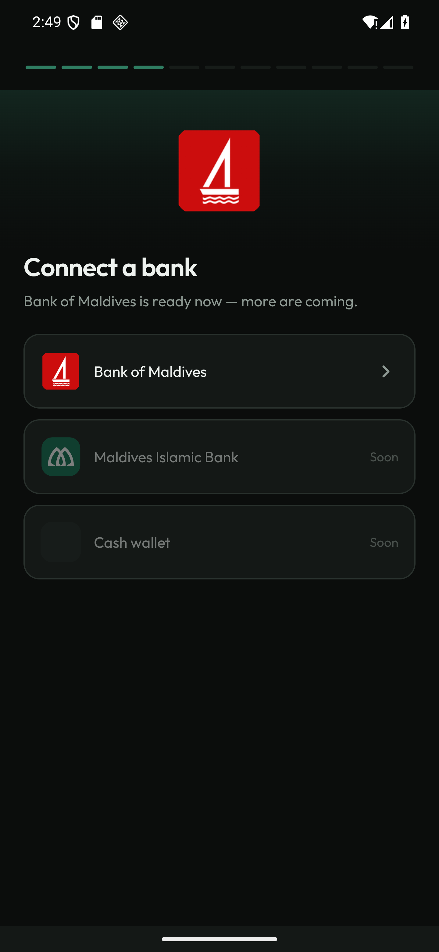 Haradhu bank connection screen showing available and planned bank connections